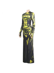 Colorblock Abstract Print Long Sleeves Maxi Dress