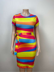 Contrast Color Striped Bandage Midi Dress