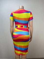 Contrast Color Striped Bandage Midi Dress