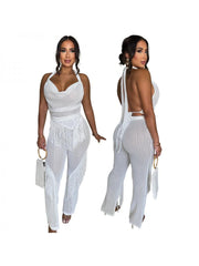 Patchwork Fringe Halter Backless Pant Sets