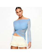 Drawstring See Through Off Shoulder Tops