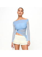 Drawstring See Through Off Shoulder Tops