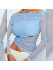 Drawstring See Through Off Shoulder Tops