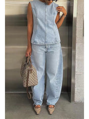 Denim Split Hem Tank Straight Jeans Sets