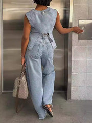 Denim Split Hem Tank Straight Jeans Sets