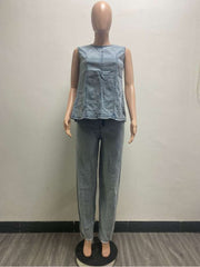 Denim Split Hem Tank Straight Jeans Sets