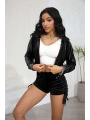 Velour Cropped Zipper Hooded Ruched Short Sets