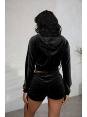 Velour Cropped Zipper Hooded Ruched Short Sets