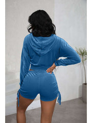 Velour Cropped Zipper Hooded Ruched Short Sets