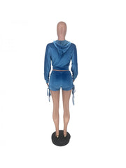 Velour Cropped Zipper Hooded Ruched Short Sets