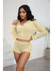 Velour Cropped Zipper Hooded Ruched Short Sets