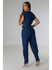 Eyelets Denim Lace Up Sleeveless Jumpsuits