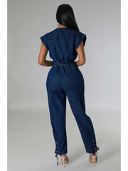 Eyelets Denim Lace Up Sleeveless Jumpsuits