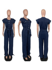 Eyelets Denim Lace Up Sleeveless Jumpsuits