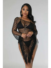 Mesh Fringe Weave Off Shoulder Cover Ups