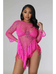 Mesh Fringe Weave Off Shoulder Cover Ups