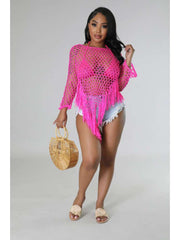 Mesh Fringe Weave Off Shoulder Cover Ups