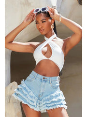 Raged Hem Wide Leg Denim Shorts