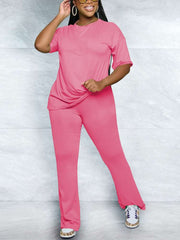 Pure Color Short Sleeve Flare Leg Pant Sets