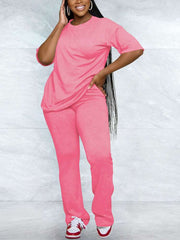 Pure Color Short Sleeve Flare Leg Pant Sets