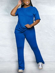 Pure Color Short Sleeve Flare Leg Pant Sets