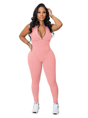 Rib Slim Plain Zipper Sleeveless Jumpsuits