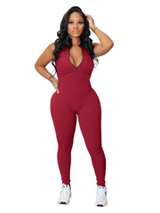 Rib Slim Plain Zipper Sleeveless Jumpsuits