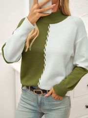 Knitting Loose Colorblock Polo Neck Sweater