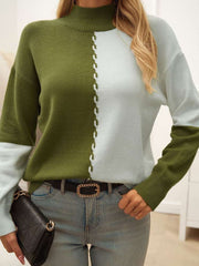 Knitting Loose Colorblock Polo Neck Sweater