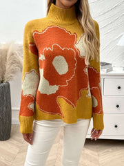 Color Matching Floral Polo Neck Sweater