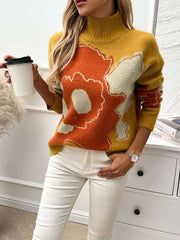 Color Matching Floral Polo Neck Sweater