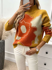 Color Matching Floral Polo Neck Sweater