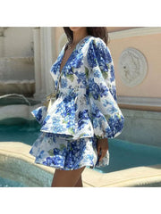 Printed V Neck Lantern Sleeve Tiered Dress