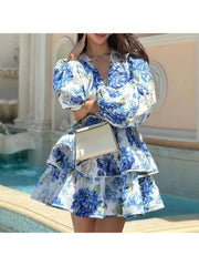 Printed V Neck Lantern Sleeve Tiered Dress