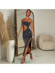 Strapless Rhinestones Cutouts Side Slit Dress