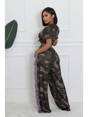 Camouflage Lace-Up Cropped Fringe Pant Sets