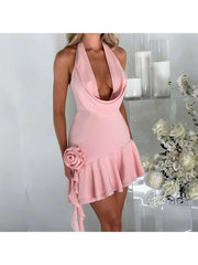 Flower Decor Halter Wing Neck Backless Mini Dress