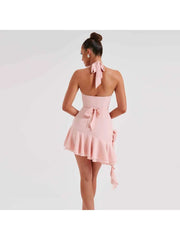 Flower Decor Halter Wing Neck Backless Mini Dress