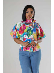 Contrast Color Ruched Puff Sleeve Blouses