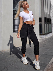 Plain Color Ankle-tied Cargo Pants With Belt