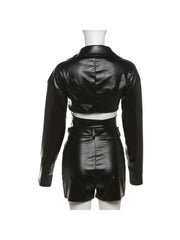 Lace Up PU Lapel Cropped Jackets Short Sets