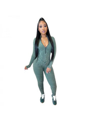 Rib Plain Color Zipper Patchwork Fitted Jumpsuits