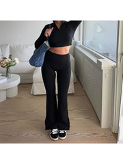 Pure Color Split Hem Flare Leg Pants