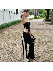 Colorblock Halter Backless Tube Flared Pant Sets