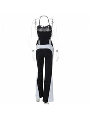 Colorblock Halter Backless Tube Flared Pant Sets