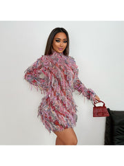 Contrast Color Fringe Long Sleeves Mini Dress