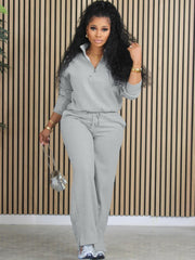 Plain Color Loose Zipper Sweatshirt Pant Sets