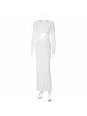 White Hollow-out Ruched Long Sleeve Maxi Dress