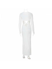 White Hollow-out Ruched Long Sleeve Maxi Dress