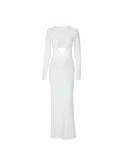 White Hollow-out Ruched Long Sleeve Maxi Dress